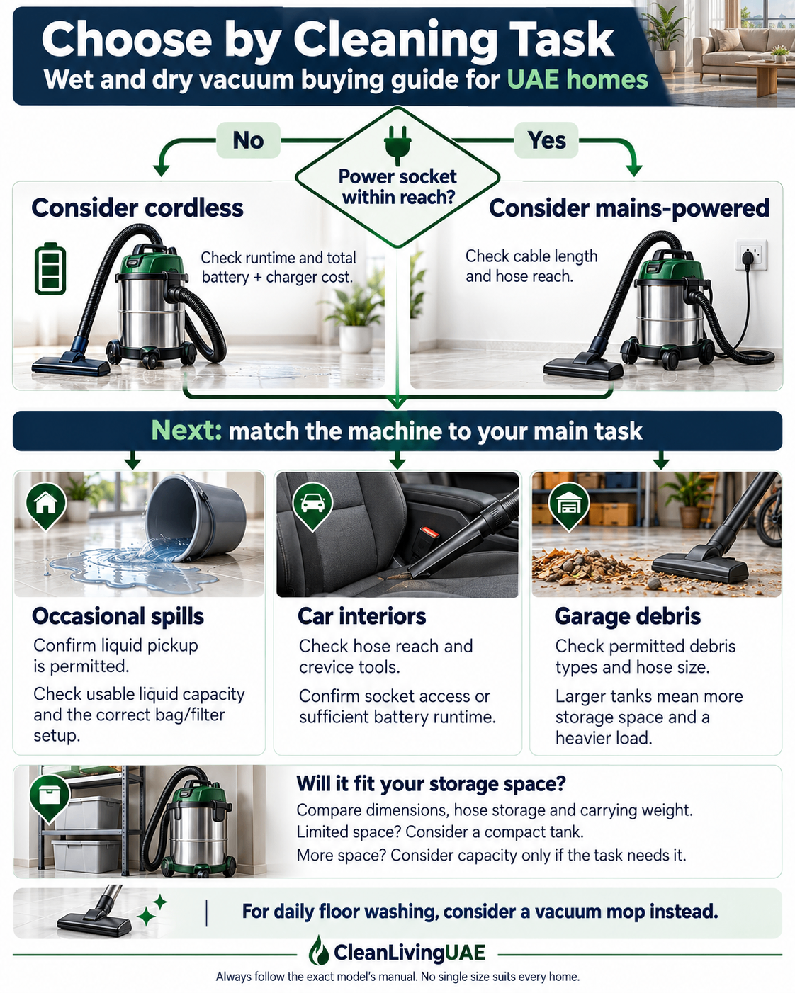 Decision chart for choosing a wet and dry vacuum by cleaning task, storage and socket access