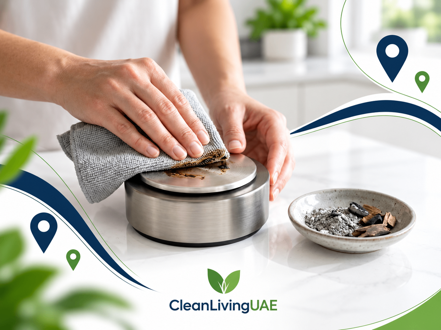 Wiping fragrance residue from a cooled electric burner plate next to a dish of charcoal ash