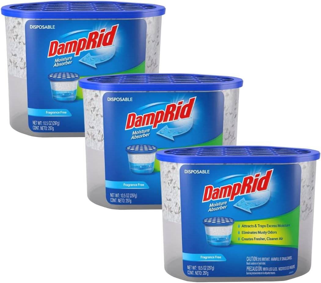 DampRid fragrance-free disposable moisture absorbers in a three-pack