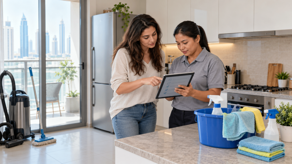 Resident and cleaning professional reviewing a booking checklist in a UAE apartment
