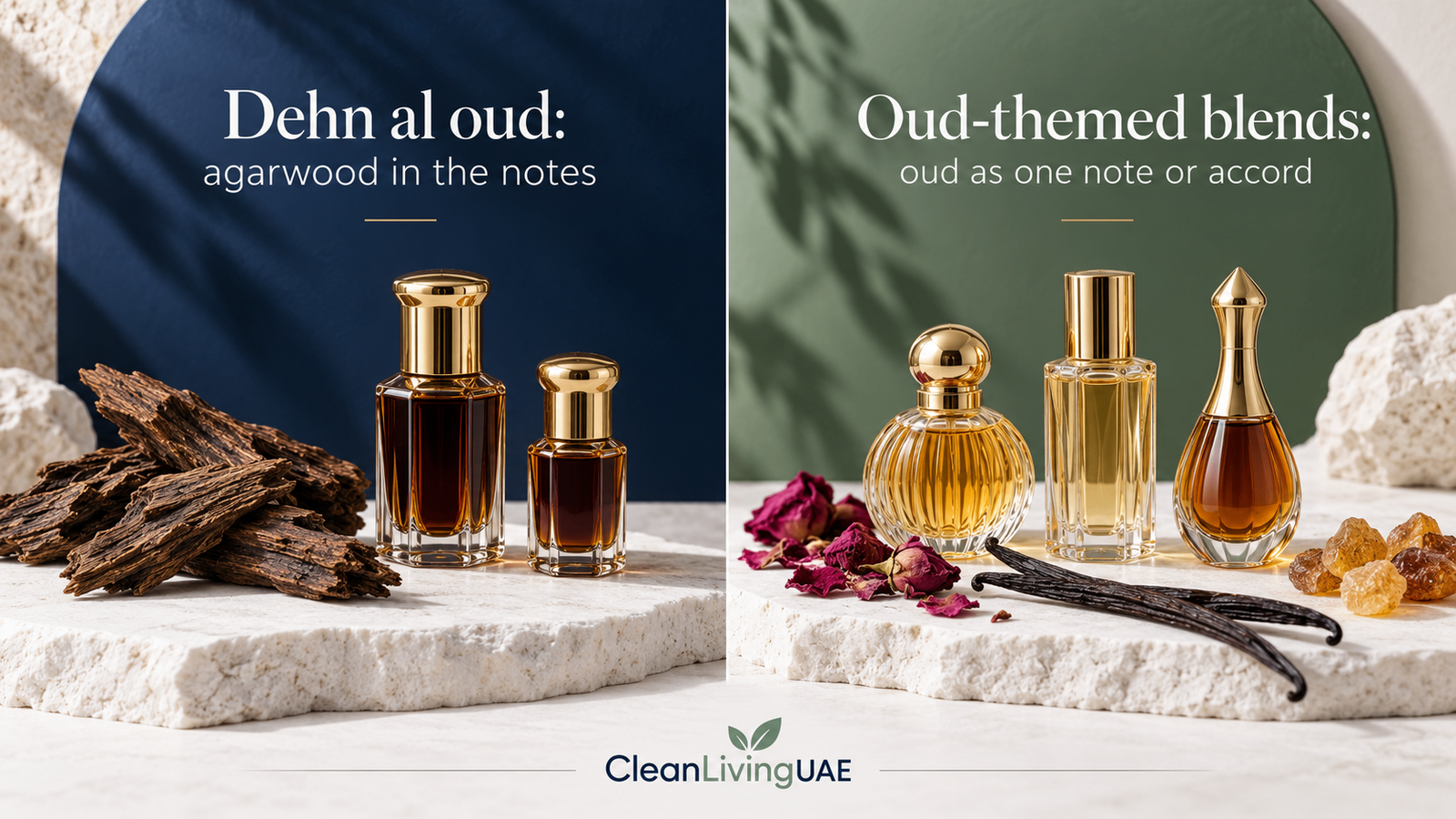 Comparison of dehn al oud oils with agarwood in the notes and oud-themed blended attars and perfume oils