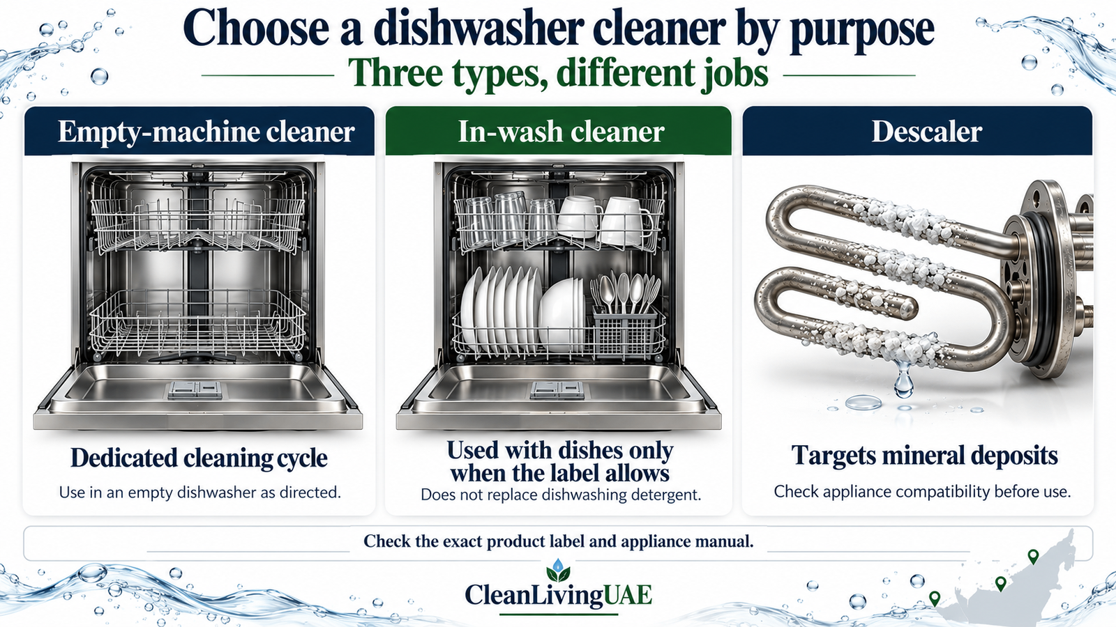 Comparison of empty-machine dishwasher cleaners, in-wash cleaners and descalers, with a reminder to check the label and appliance manual.