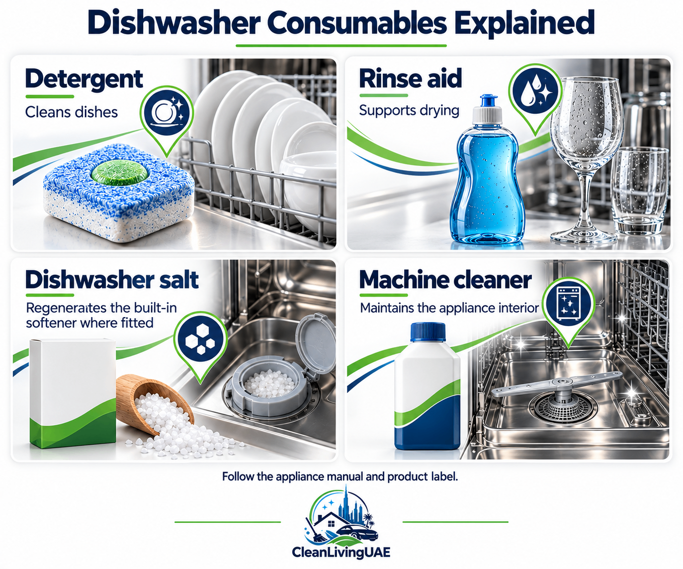Different purposes of dishwasher detergent, rinse aid, salt and machine cleaner