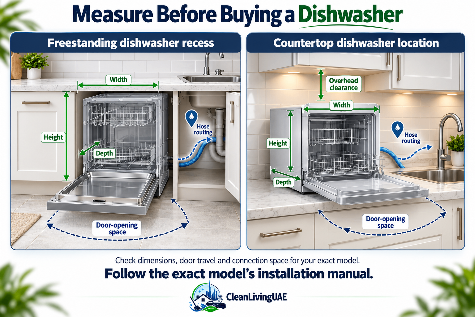 Dimensions and clearances to measure before installing a freestanding or countertop dishwasher