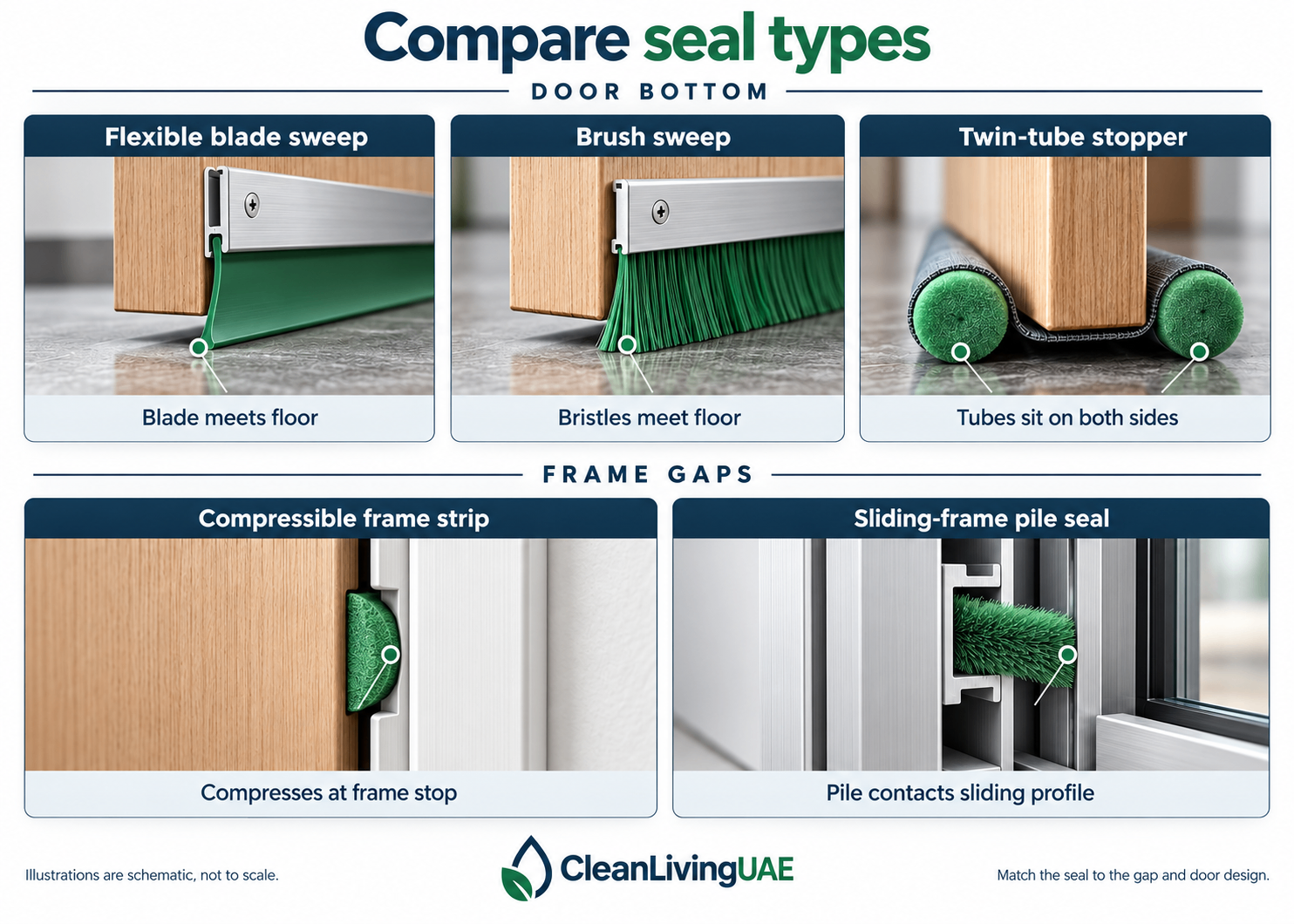 Five door seal types compared by bottom or frame application