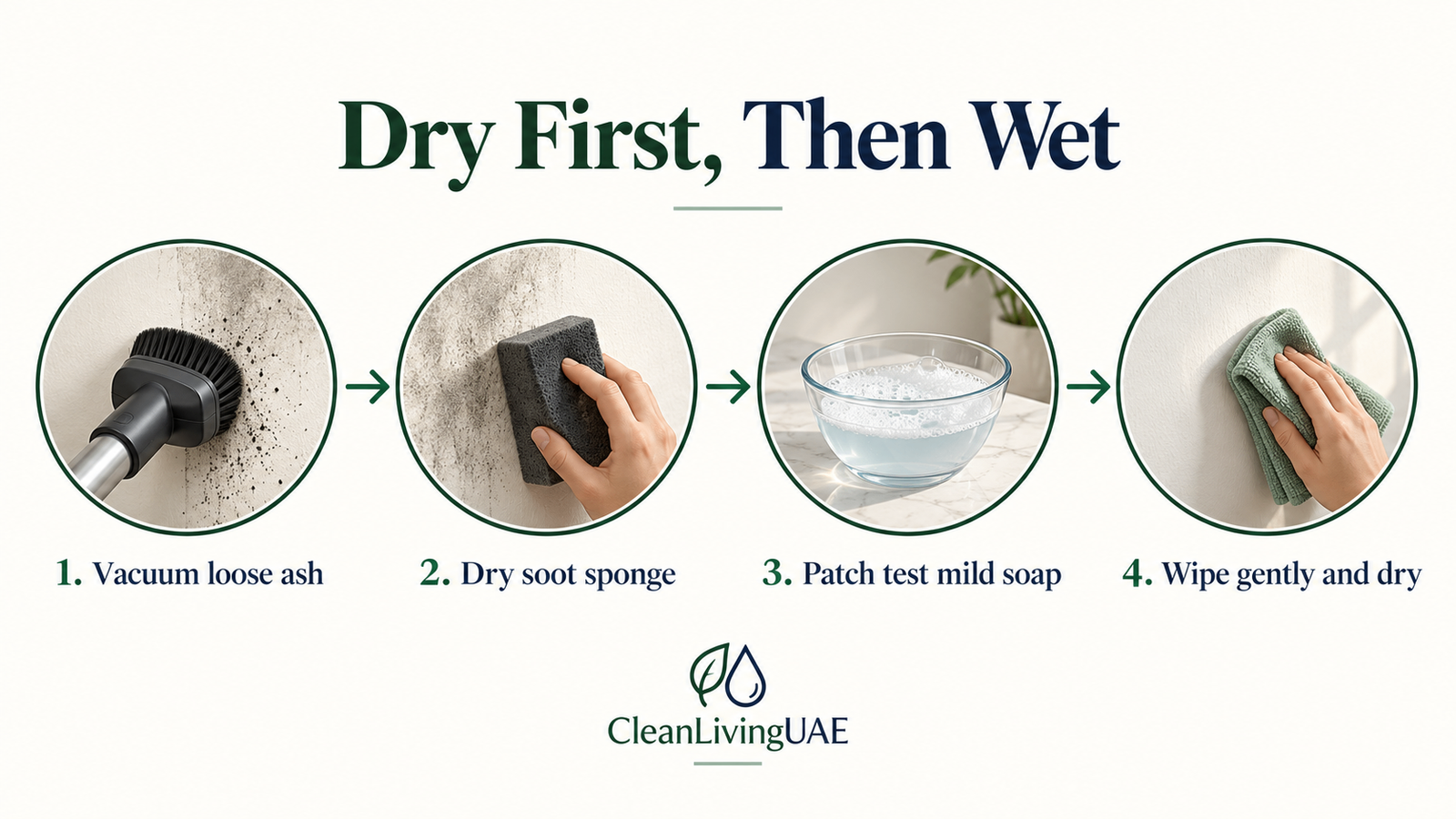 Four-step process for removing soot from walls by cleaning dry first, then wet