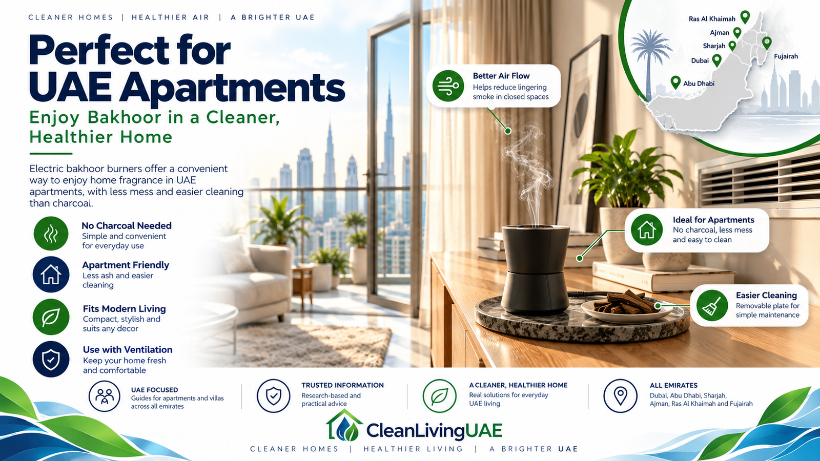 Electric bakhoor burner on a heat-safe tray in a ventilated UAE apartment