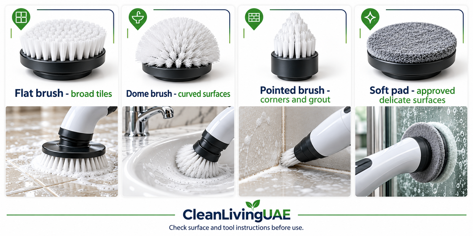Electric scrubber brush heads for tiles, curved surfaces and grout