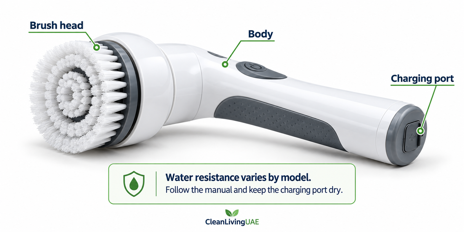 Electric scrubber brush head, body and charging port
