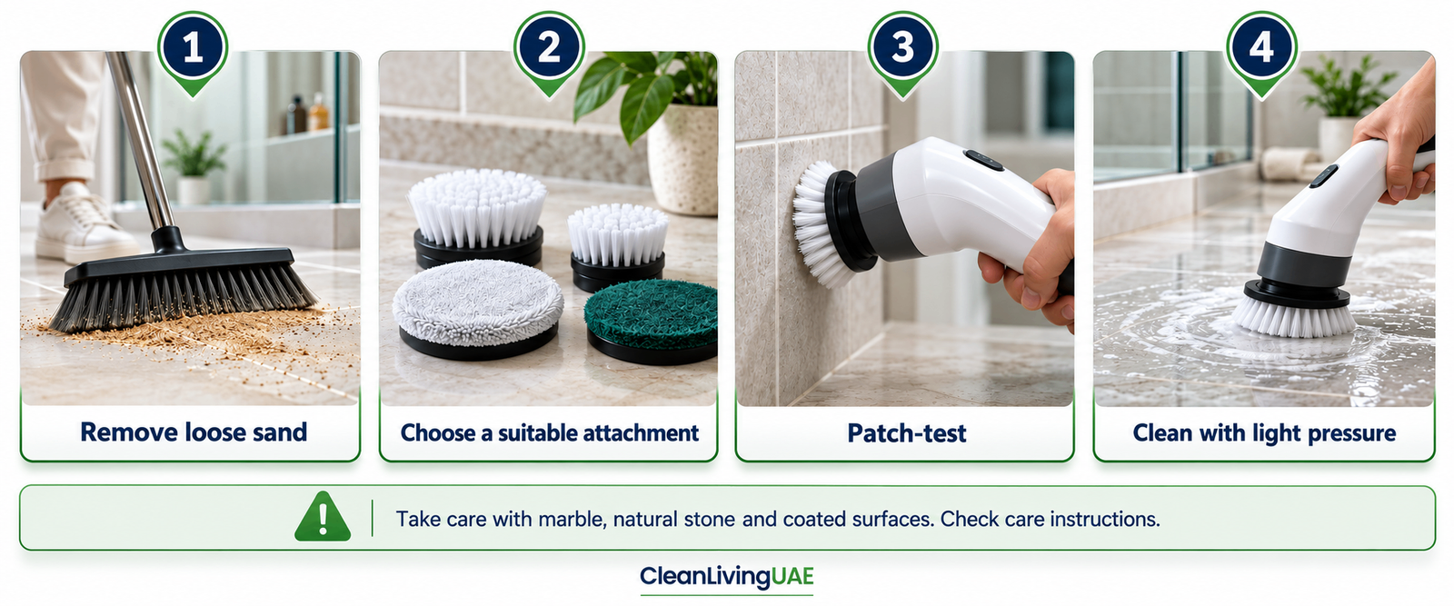 Four steps for safe electric scrubber use on bathroom surfaces