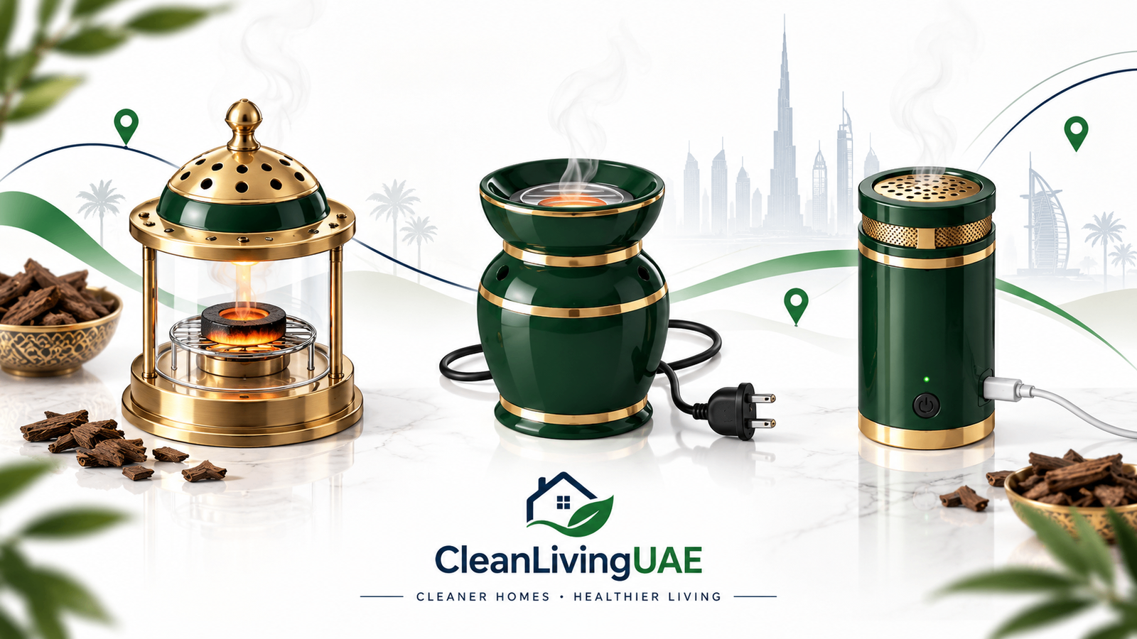 Infographic comparing charcoal, plug-in electric and rechargeable bakhoor burners by heat source and practicality