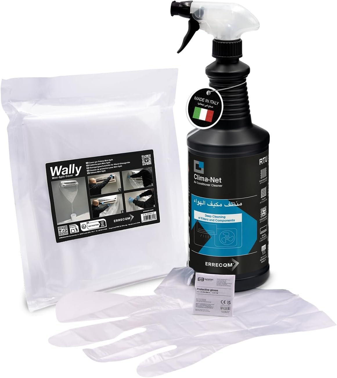 ERRECOM Clima-Net cleaner with packaged Wally split AC cleaning cover and protective gloves