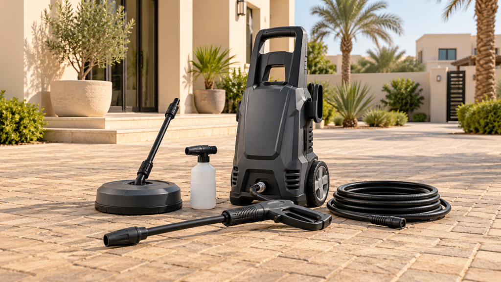 Unbranded pressure washer and cleaning attachments on a UAE villa patio with interlocking paving