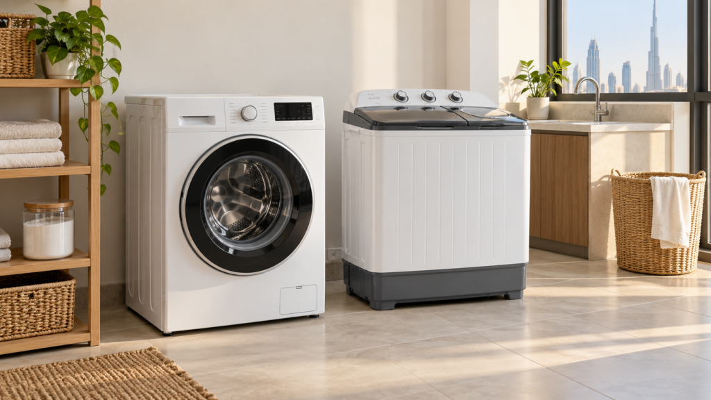 Front-loading washer-dryer and twin-tub washing machine in a UAE home utility area