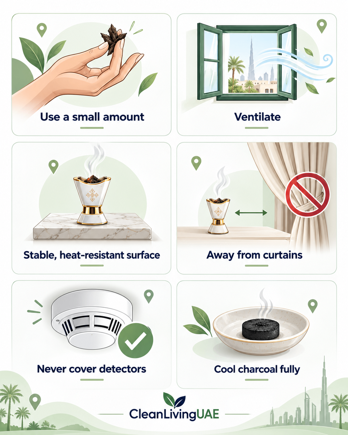 Infographic with six practical tips to reduce bakhoor smoke indoors, including using small amounts and ventilating