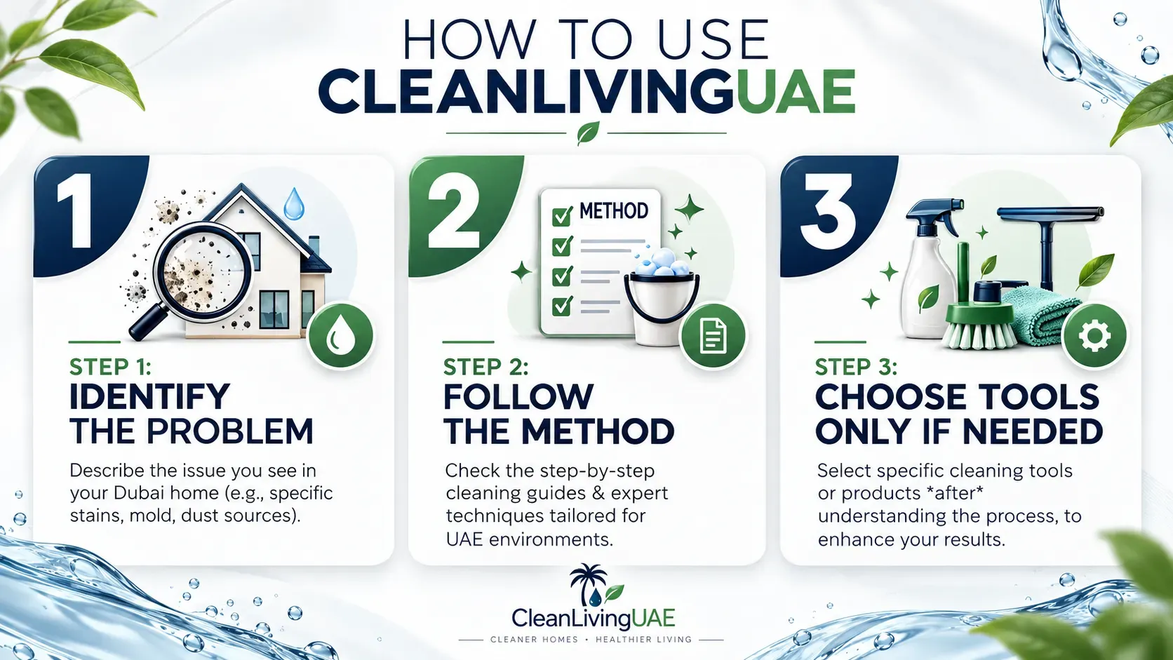 Three-step process for solving cleaning problems in UAE homes: identify the problem, follow the method, choose tools if needed