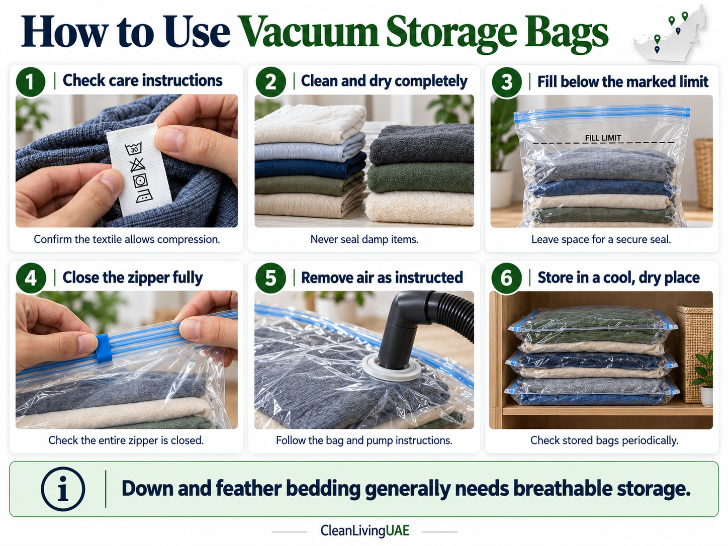 Six steps for packing, sealing and storing vacuum storage bags, with a caution about down and feather bedding