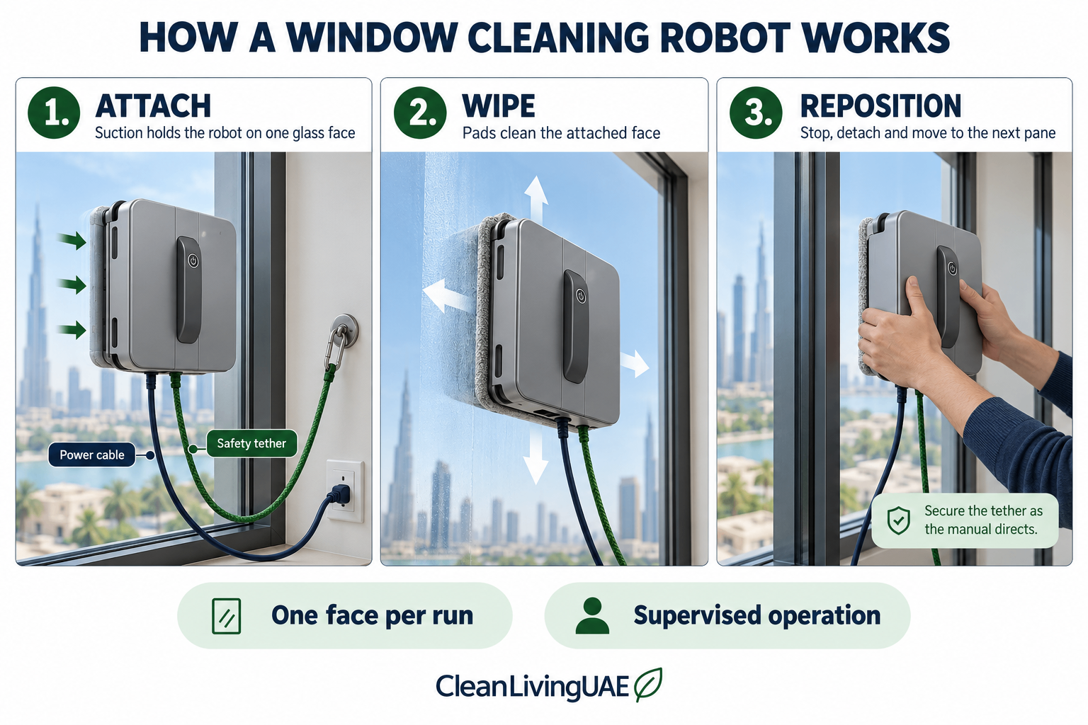 How a window cleaning robot attaches to glass, wipes one face and moves between panes