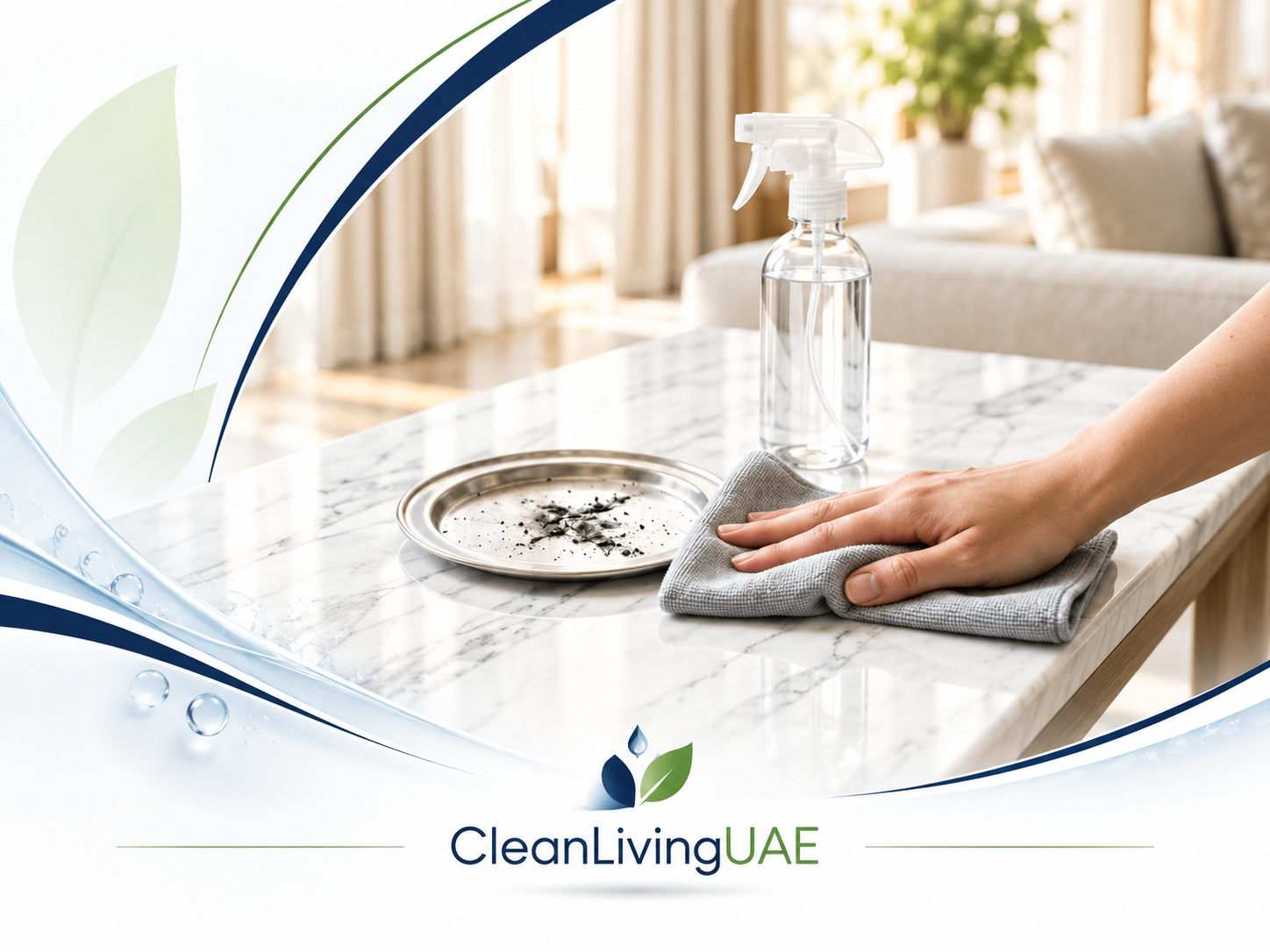 Wiping bakhoor ash from a polished marble surface with a soft microfibre cloth