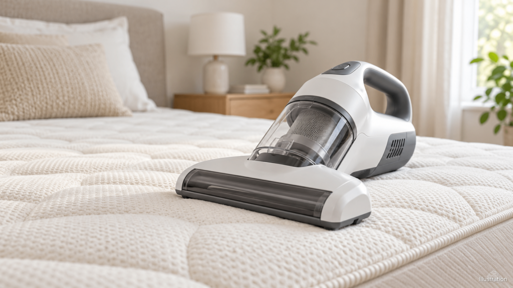 Mattress cleaning illustration with a handheld vacuum and CleanLivingUAE branding