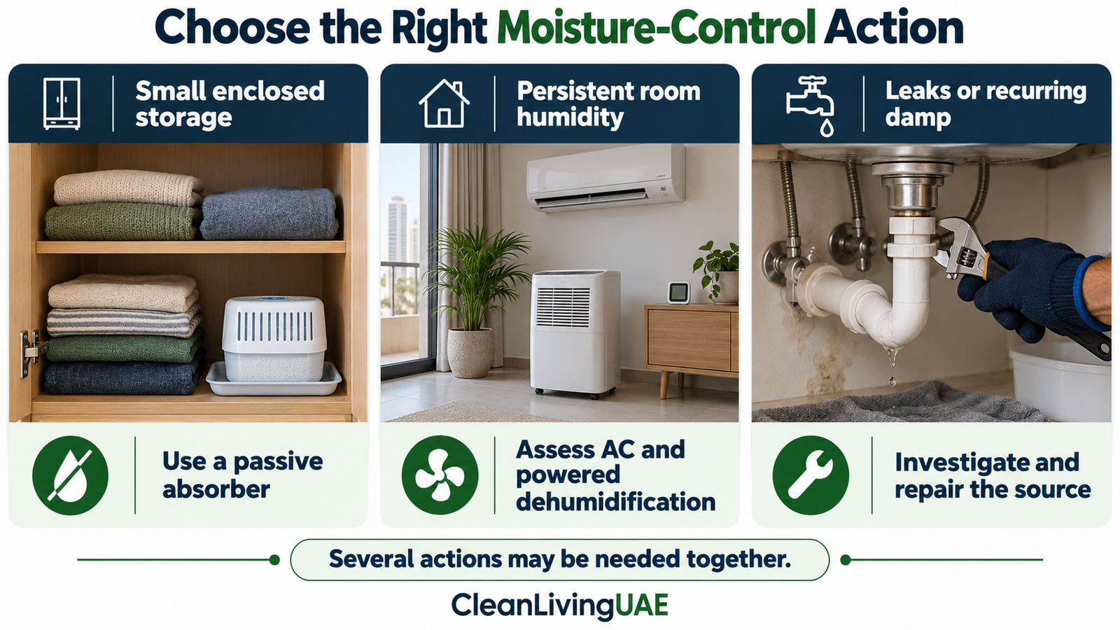Comparison of passive absorbers, powered dehumidifiers and moisture-source repairs