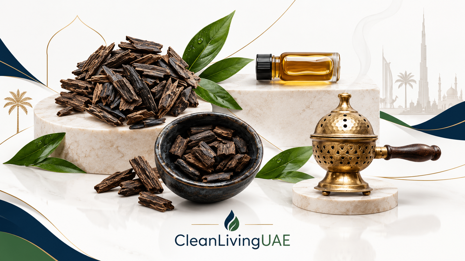 Oud wood chips, oud oil, bakhoor and a mabkhara laid out side by side to show the difference between each term