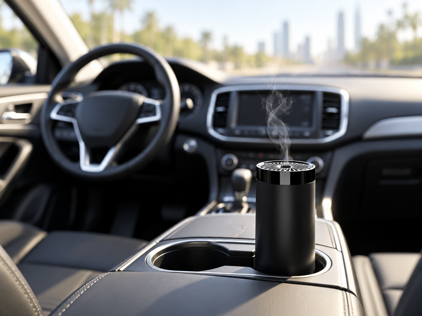 Portable rechargeable oud burner placed in a car cup holder