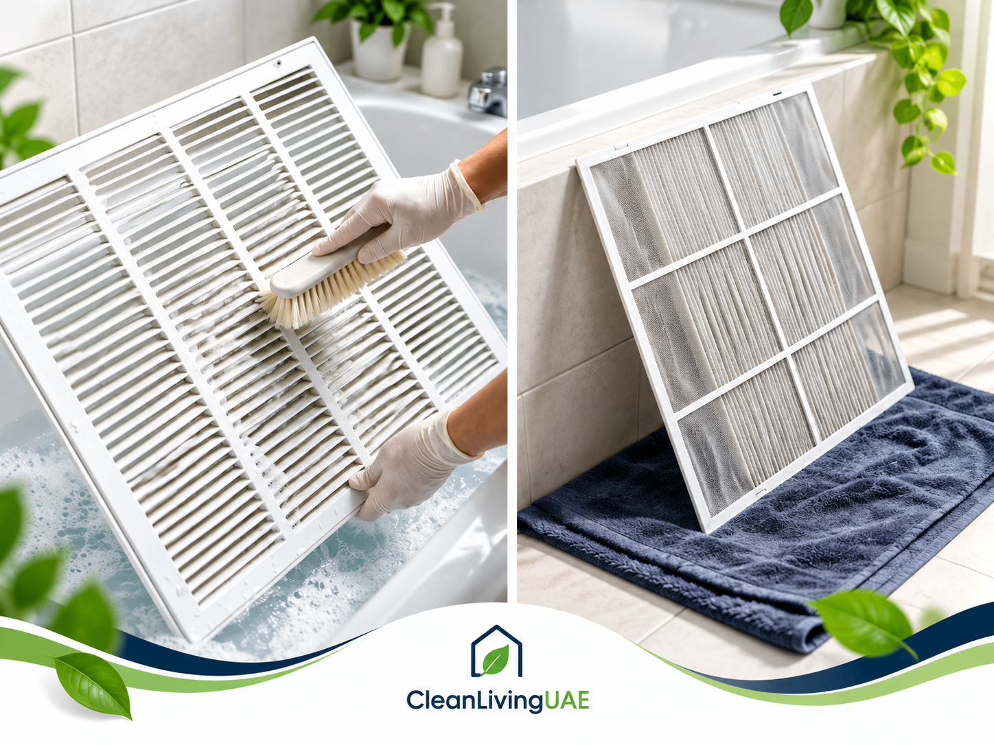 Removable AC return grille washed with a soft brush and a filter drying in the shade