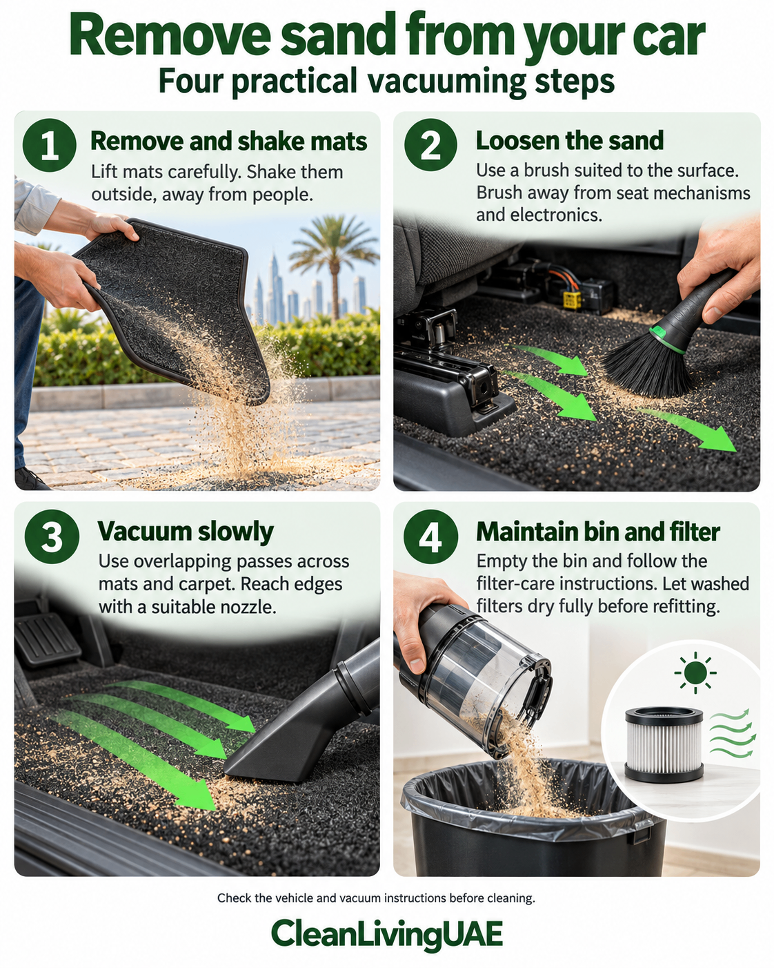 Four steps to remove sand from car interiors: shake mats, brush away from mechanisms, vacuum slowly, and maintain the bin and filter.