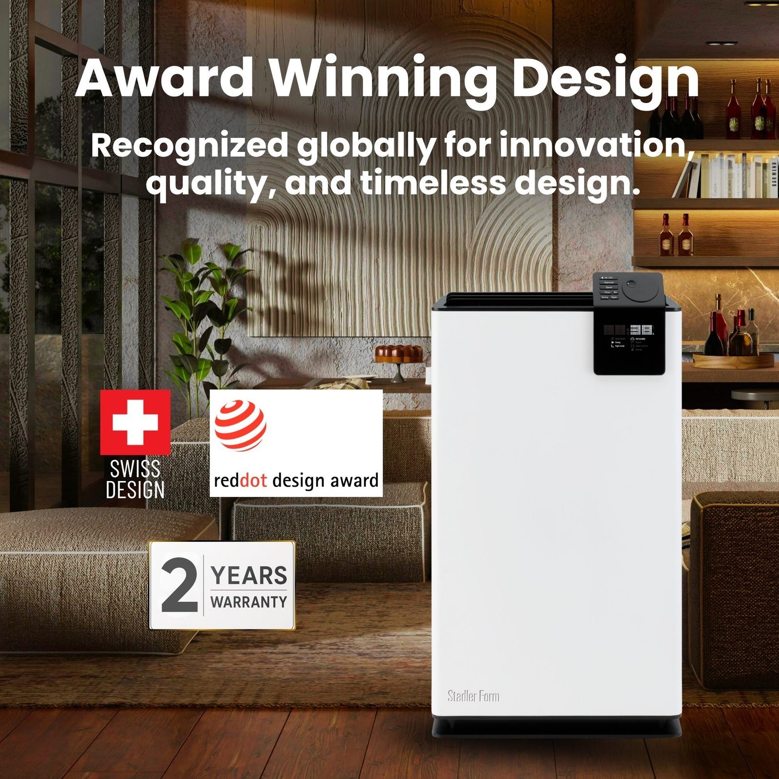 Stadler Form Albert dehumidifier white Swiss design in a living room