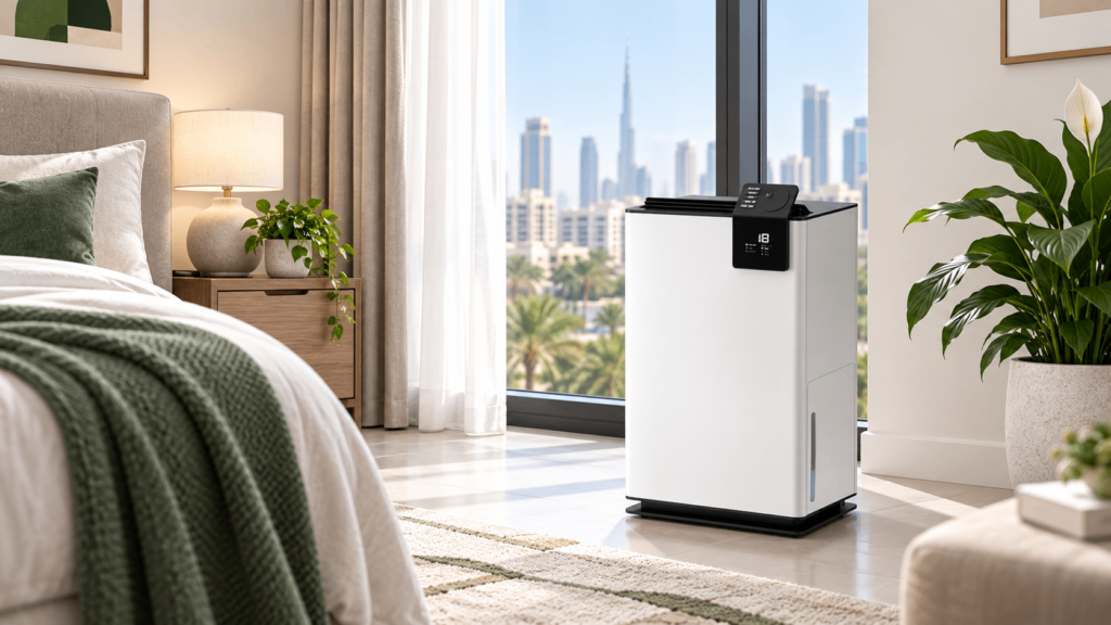 stadler-form-albert-dehumidifier-review-uae-hero-Stadler Form Albert dehumidifier in a bright modern UAE apartment bedroom with a city skyline view