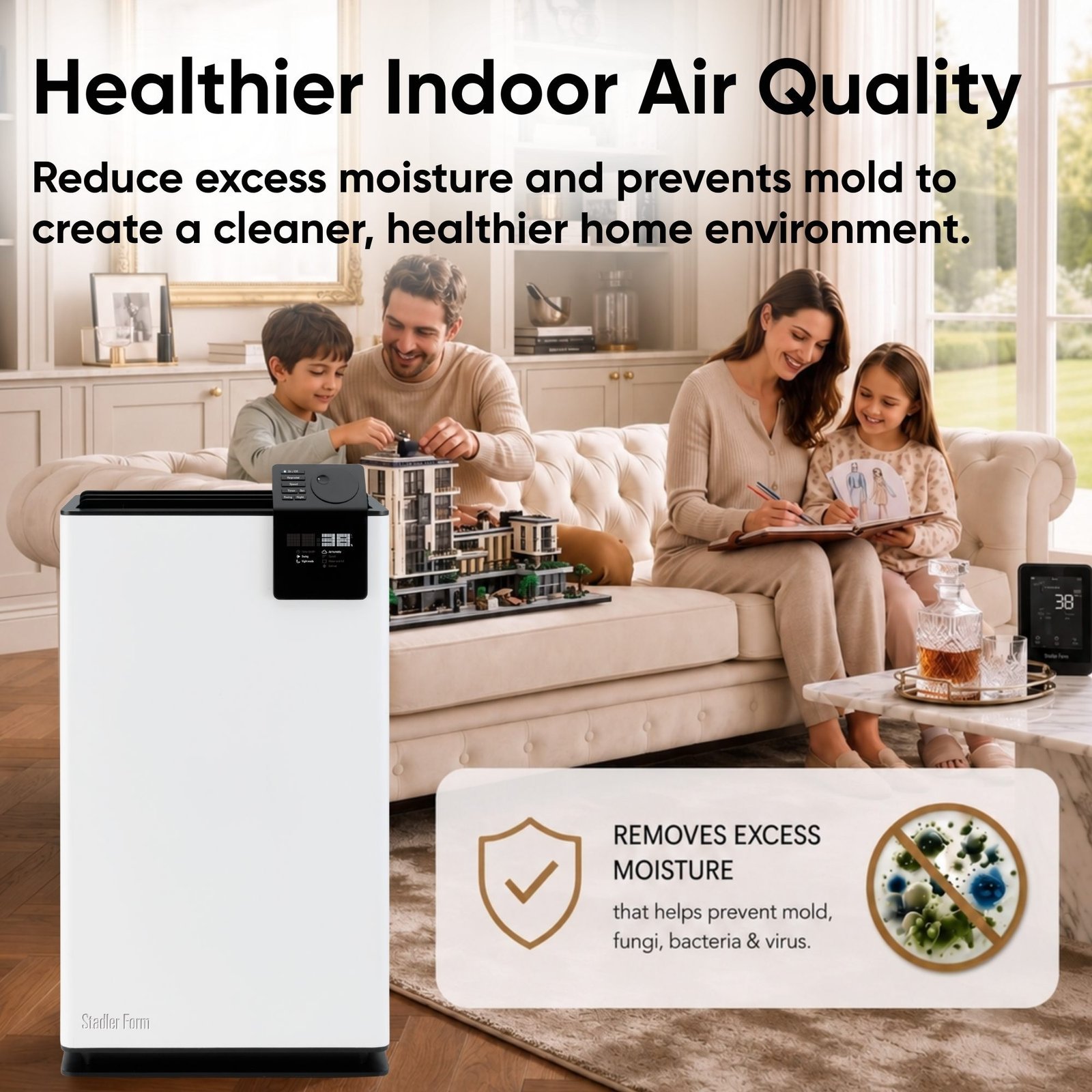 Stadler Form Albert dehumidifier reducing excess moisture in a family living room