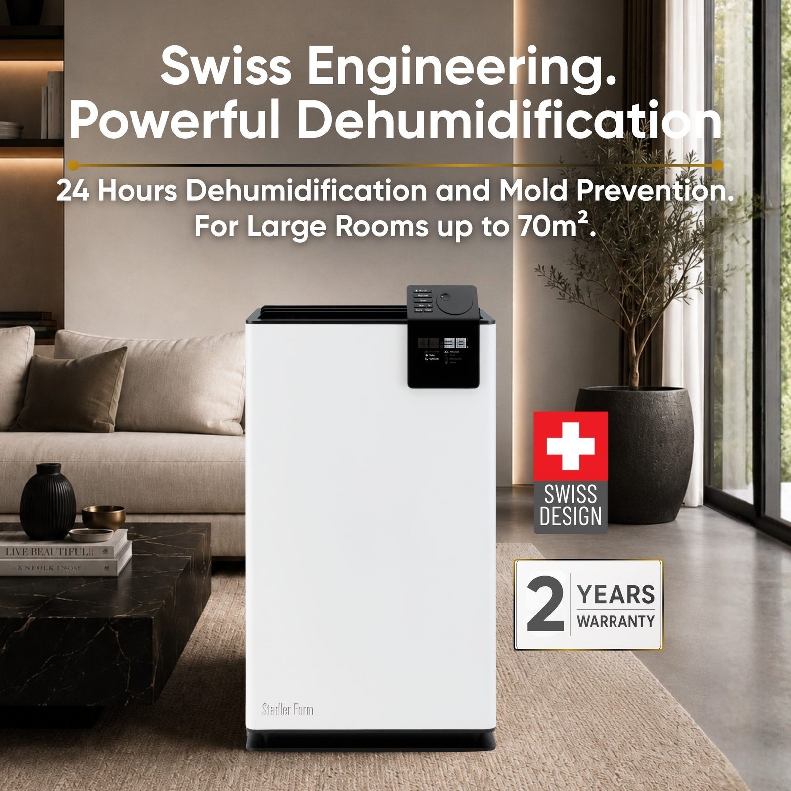 Stadler Form Albert dehumidifier with Swiss engineering and 2-year warranty highlights