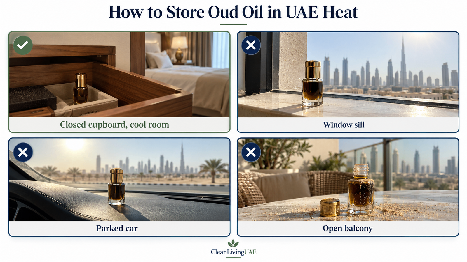 Do and avoid guide for storing oud oil in UAE heat, comparing a closed cupboard with a window sill, car dashboard and balcony