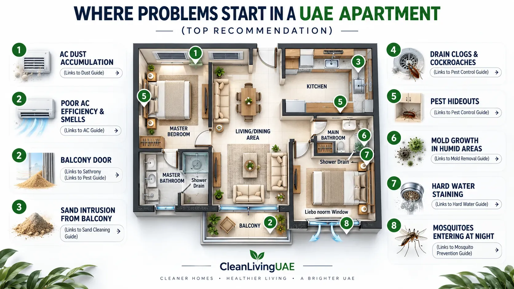 Floor plan of a UAE apartment showing where dust, sand, mold, hard water stains and pests commonly start