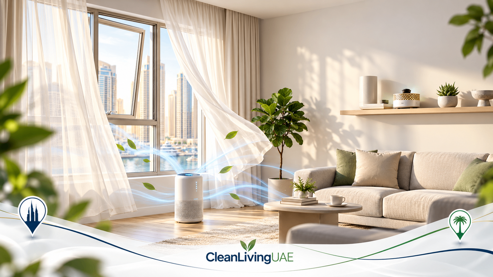UAE apartment room being ventilated with an open window and an air purifier after burning bakhoor