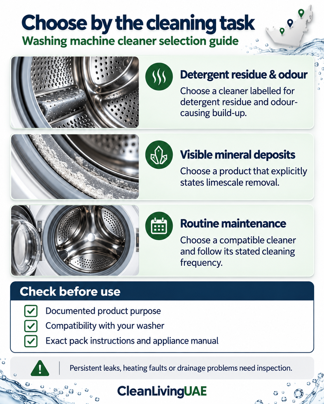 Guide to choosing a washing machine cleaner for residue, mineral deposits or routine maintenance.