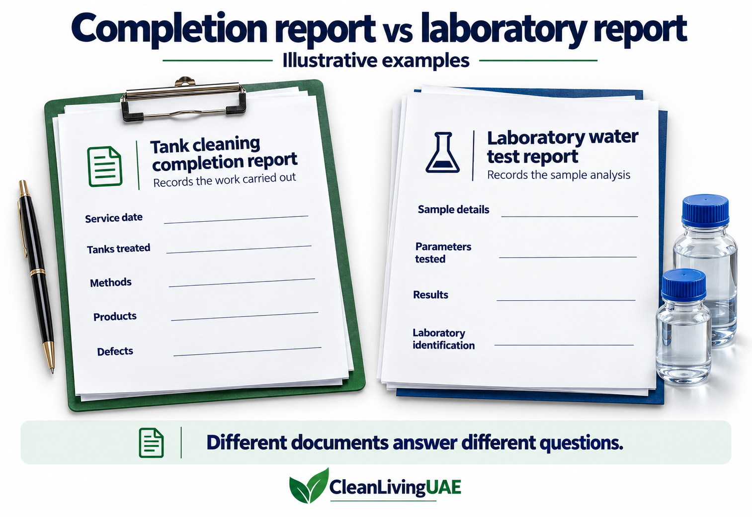 Comparison of a tank cleaning completion report and a laboratory water test report