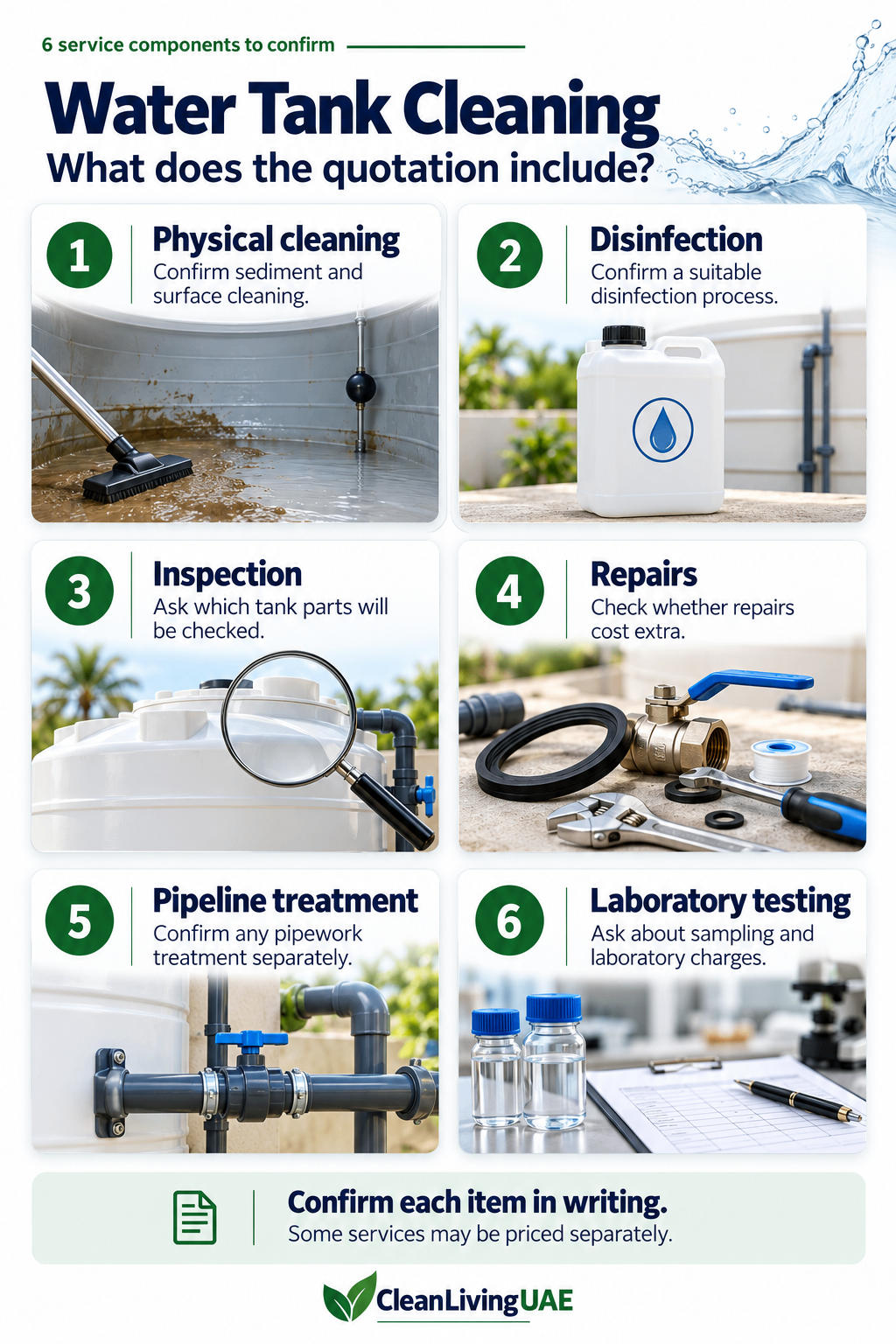 Six water tank service components to confirm in a written quotation