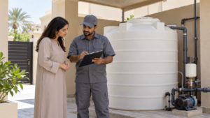 Technician reviewing a water tank cleaning checklist with a UAE villa resident