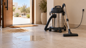 Tank-style wet and dry vacuum beside sand and a water spill at a UAE home entrance