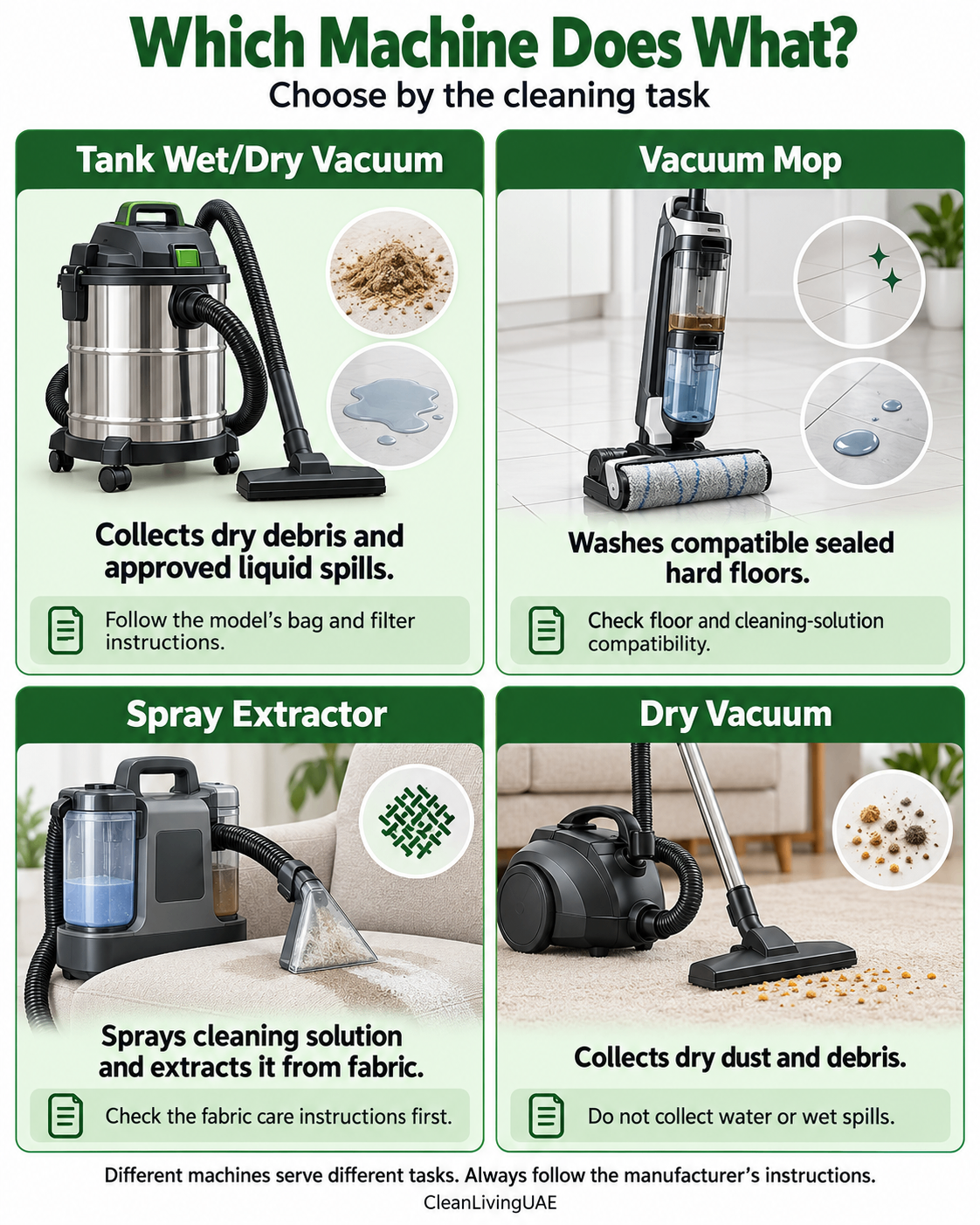 Comparison of tank wet and dry vacuums, vacuum mops, spray extractors and dry vacuums